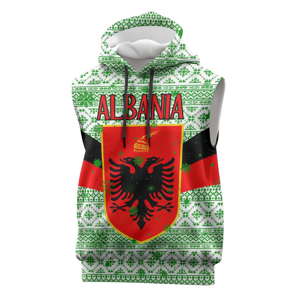 Albania Christmas Sleeveless Hoodie with Green-Red Design, Double-Headed Eagle Emblem, and Santa Motif - Wonder Print Shop