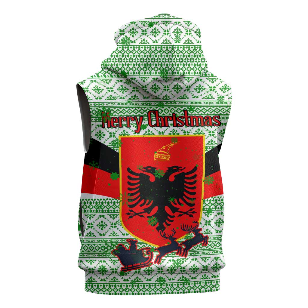 Albania Christmas Sleeveless Hoodie with Green-Red Design, Double-Headed Eagle Emblem, and Santa Motif - Wonder Print Shop