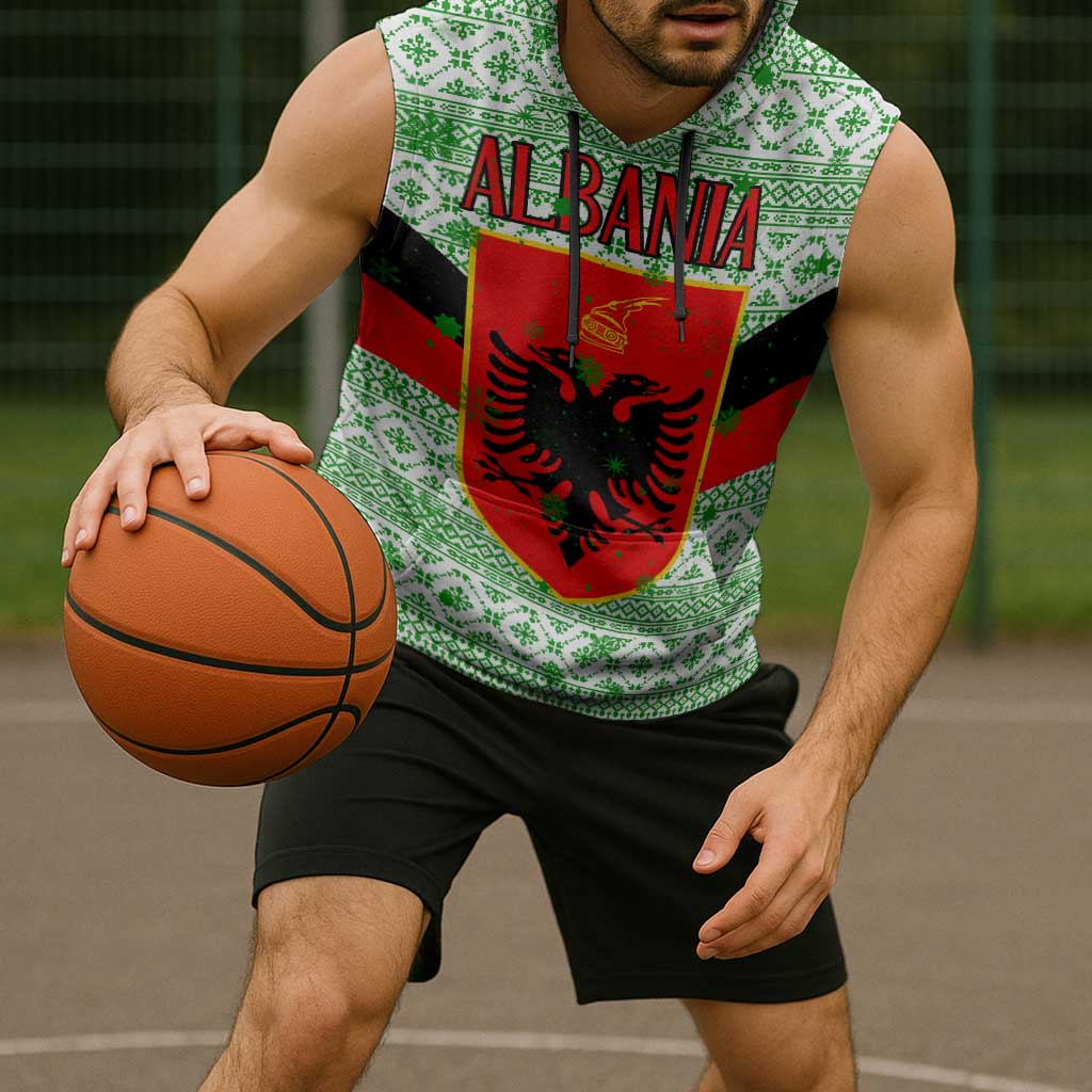 Albania Christmas Sleeveless Hoodie with Green-Red Design, Double-Headed Eagle Emblem, and Santa Motif - Wonder Print Shop