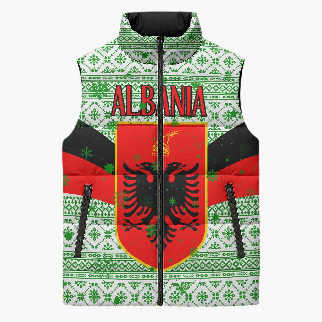 Albania Christmas Sleeveless Puffer Jacket with Green-Red Design, Double-Headed Eagle Emblem, and Santa Motif - Wonder Print Shop