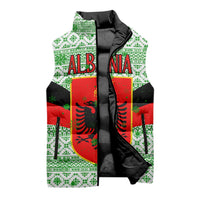 Albania Christmas Sleeveless Puffer Jacket with Green-Red Design, Double-Headed Eagle Emblem, and Santa Motif - Wonder Print Shop