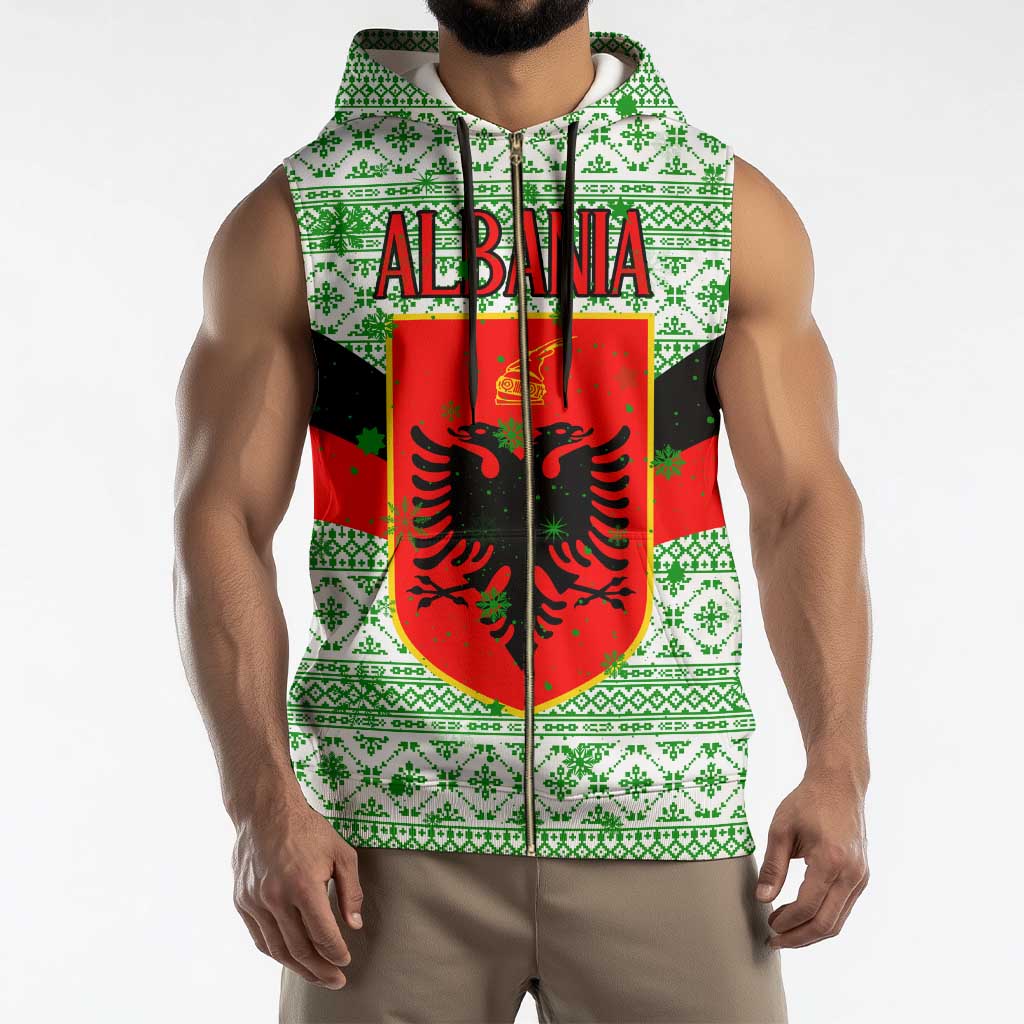 Albania Christmas Sleeveless Zip Hoodie with Green-Red Design, Double-Headed Eagle Emblem, and Santa Motif - Wonder Print Shop