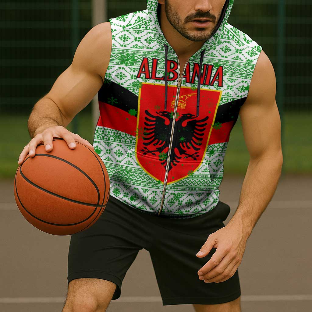 Albania Christmas Sleeveless Zip Hoodie with Green-Red Design, Double-Headed Eagle Emblem, and Santa Motif - Wonder Print Shop