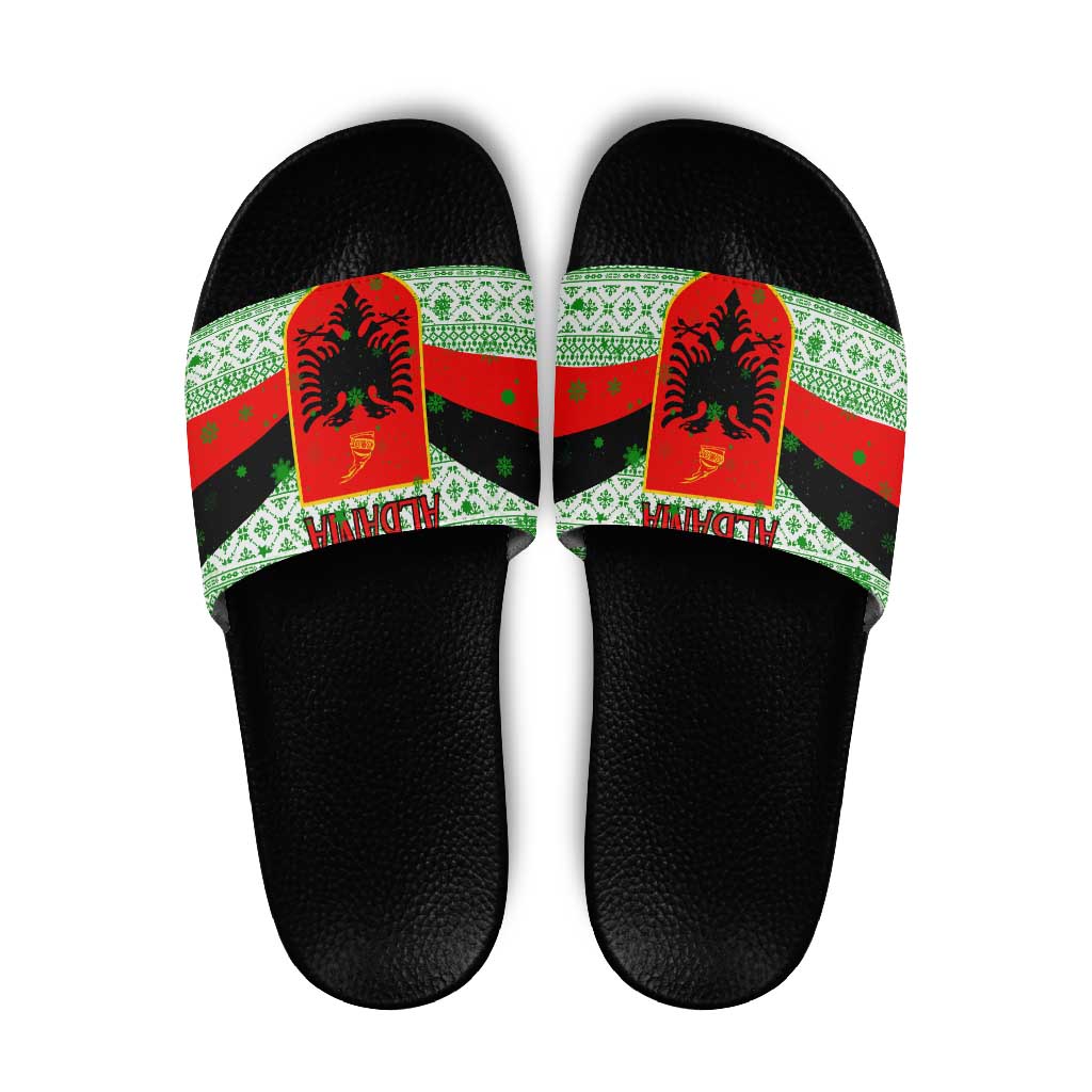 Albania Christmas Slide Sandals with Green-Red Design, Double-Headed Eagle Emblem, and Santa Motif - Wonder Print Shop