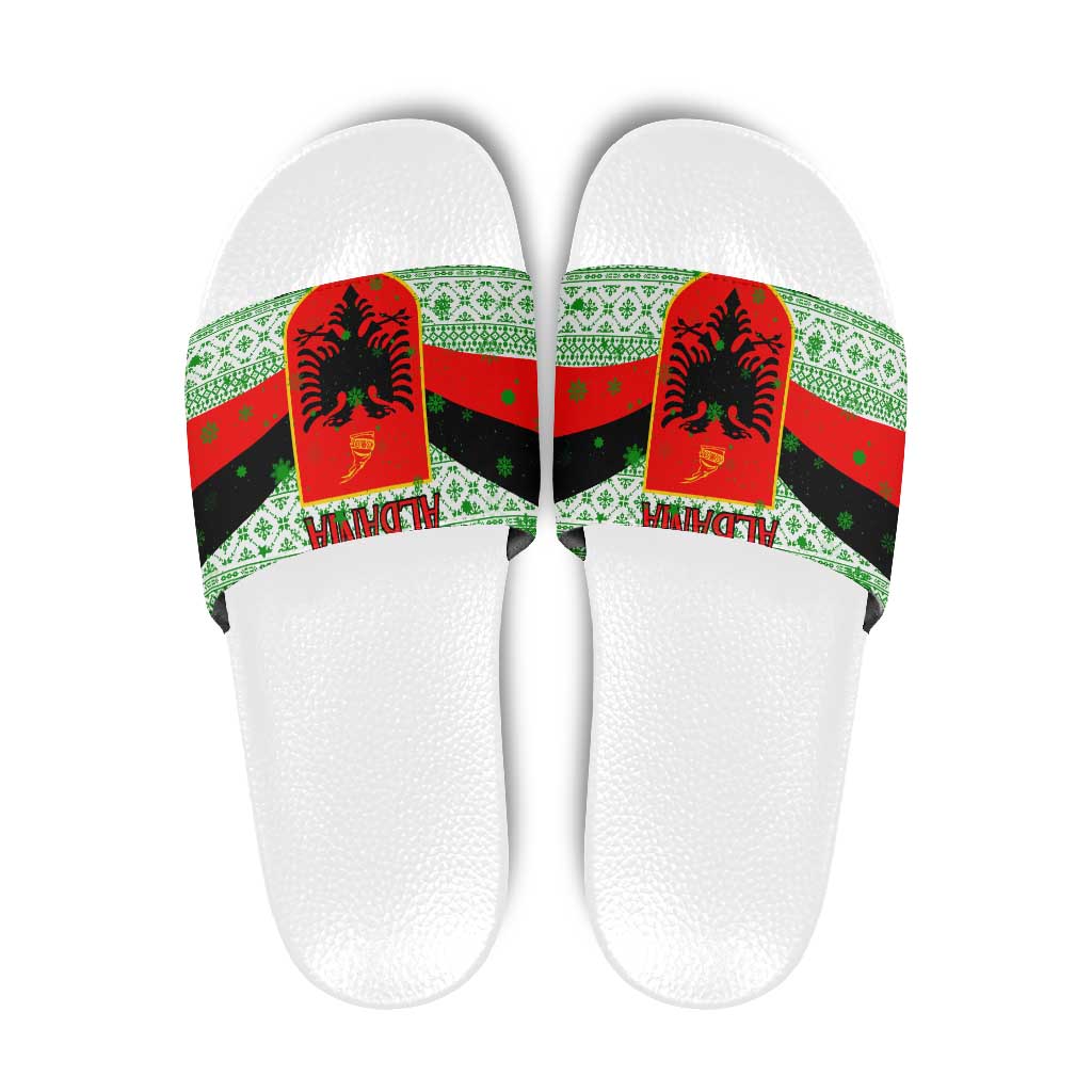 Albania Christmas Slide Sandals with Green-Red Design, Double-Headed Eagle Emblem, and Santa Motif - Wonder Print Shop