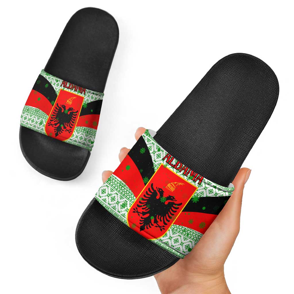Albania Christmas Slide Sandals with Green-Red Design, Double-Headed Eagle Emblem, and Santa Motif - Wonder Print Shop