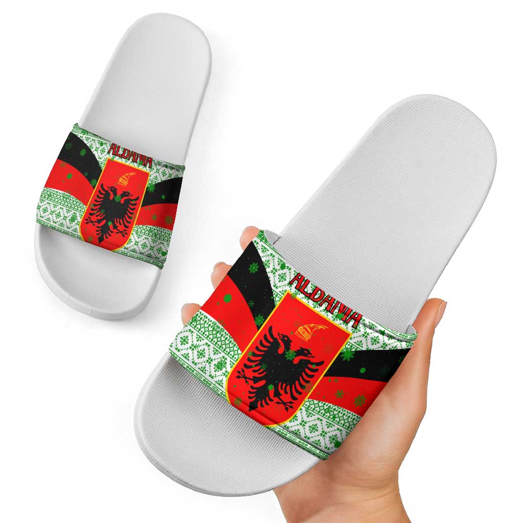 Albania Christmas Slide Sandals with Green-Red Design, Double-Headed Eagle Emblem, and Santa Motif - Wonder Print Shop