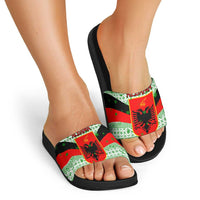 Albania Christmas Slide Sandals with Green-Red Design, Double-Headed Eagle Emblem, and Santa Motif - Wonder Print Shop