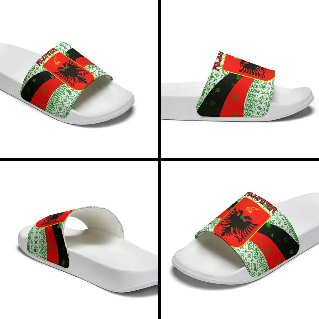 Albania Christmas Slide Sandals with Green-Red Design, Double-Headed Eagle Emblem, and Santa Motif - Wonder Print Shop