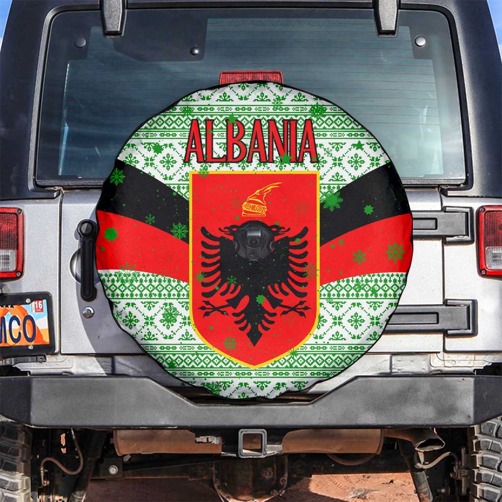 Albania Christmas Spare Tire Cover with Green-Red Design, Double-Headed Eagle Emblem, and Santa Motif - Wonder Print Shop