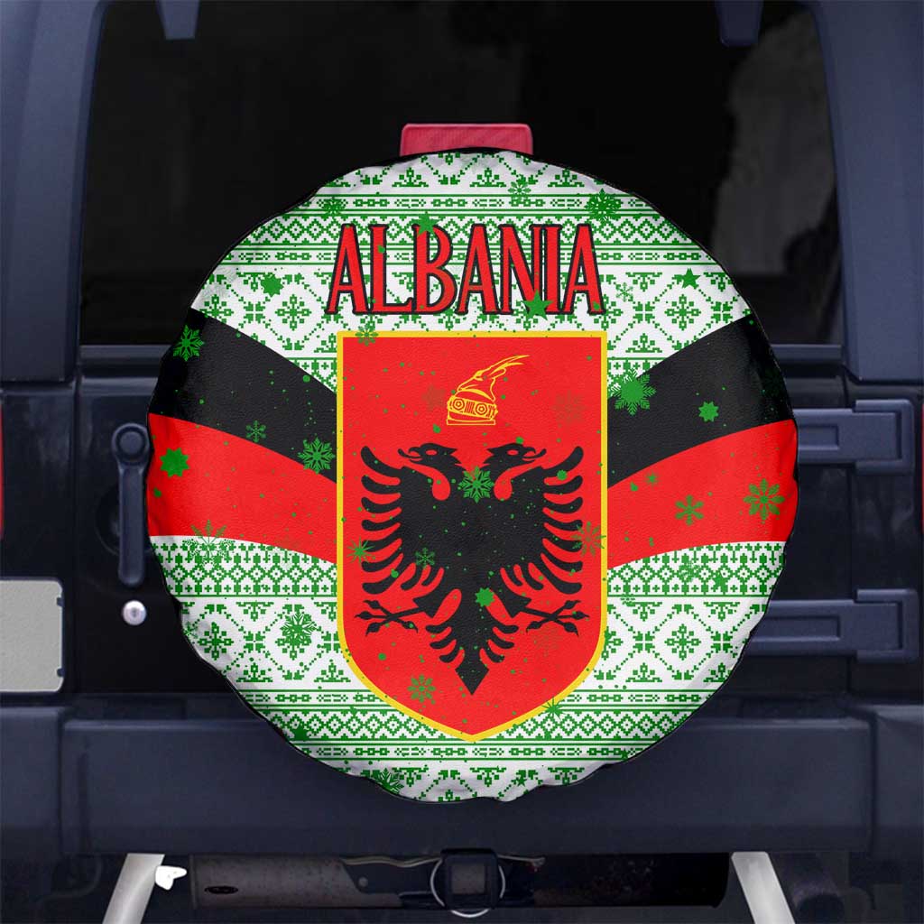 Albania Christmas Spare Tire Cover with Green-Red Design, Double-Headed Eagle Emblem, and Santa Motif - Wonder Print Shop