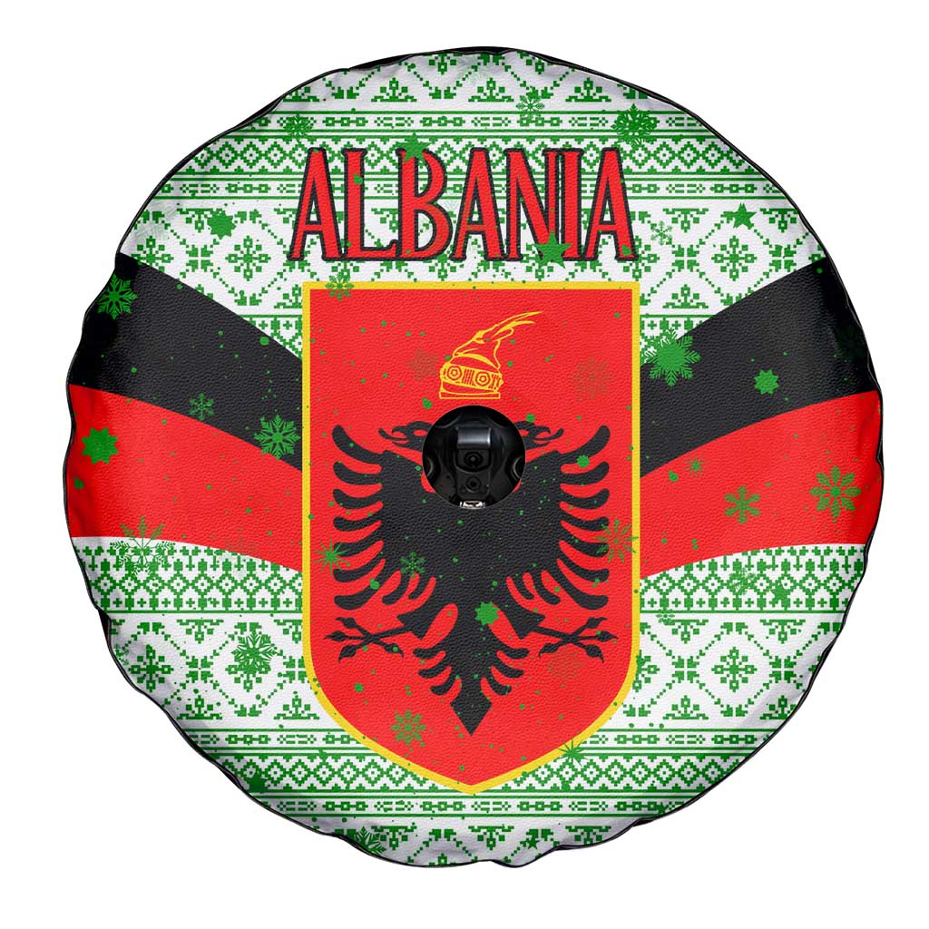 Albania Christmas Spare Tire Cover with Green-Red Design, Double-Headed Eagle Emblem, and Santa Motif - Wonder Print Shop