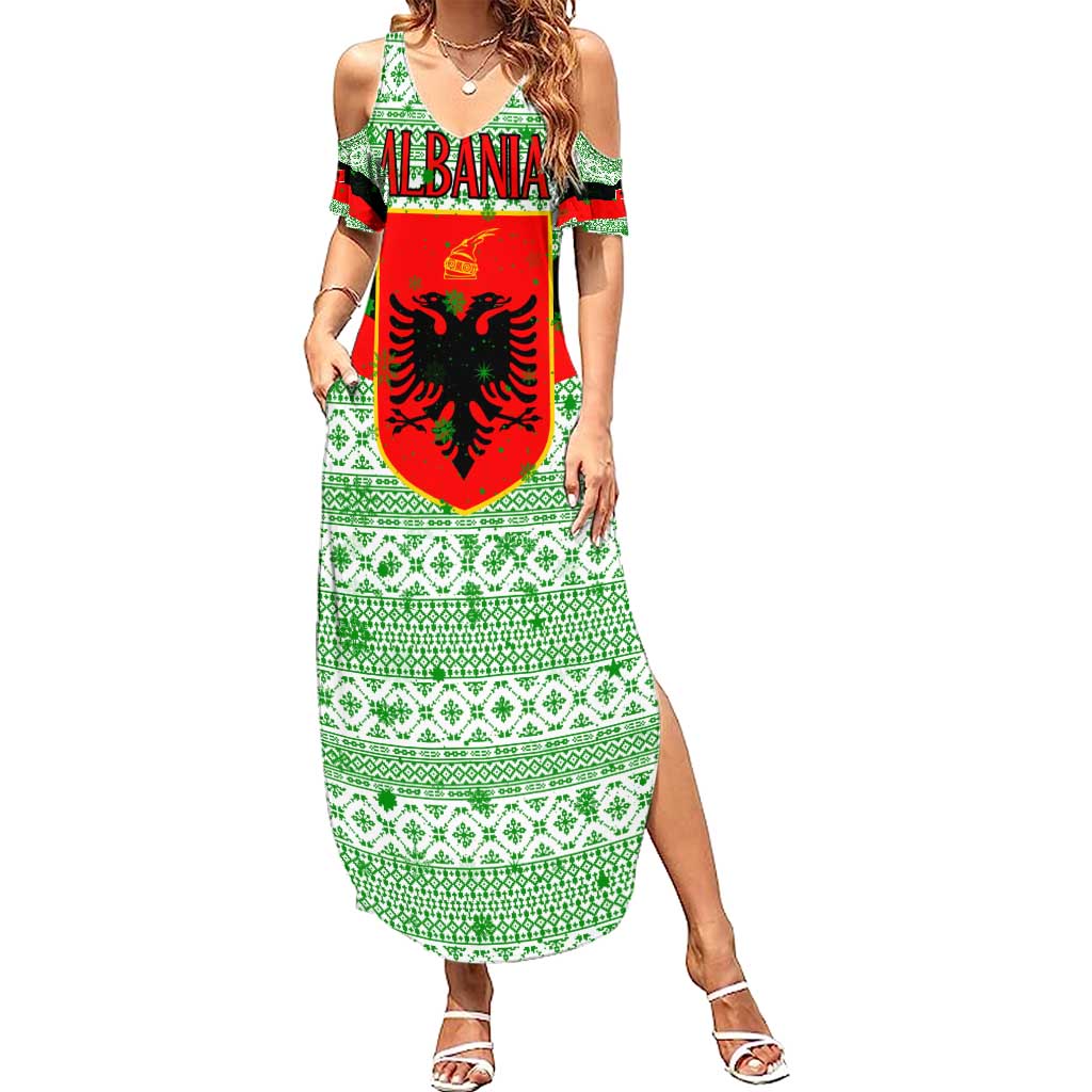 Albania Christmas Summer Maxi Dress with Green-Red Design, Double-Headed Eagle Emblem, and Santa Motif - Wonder Print Shop
