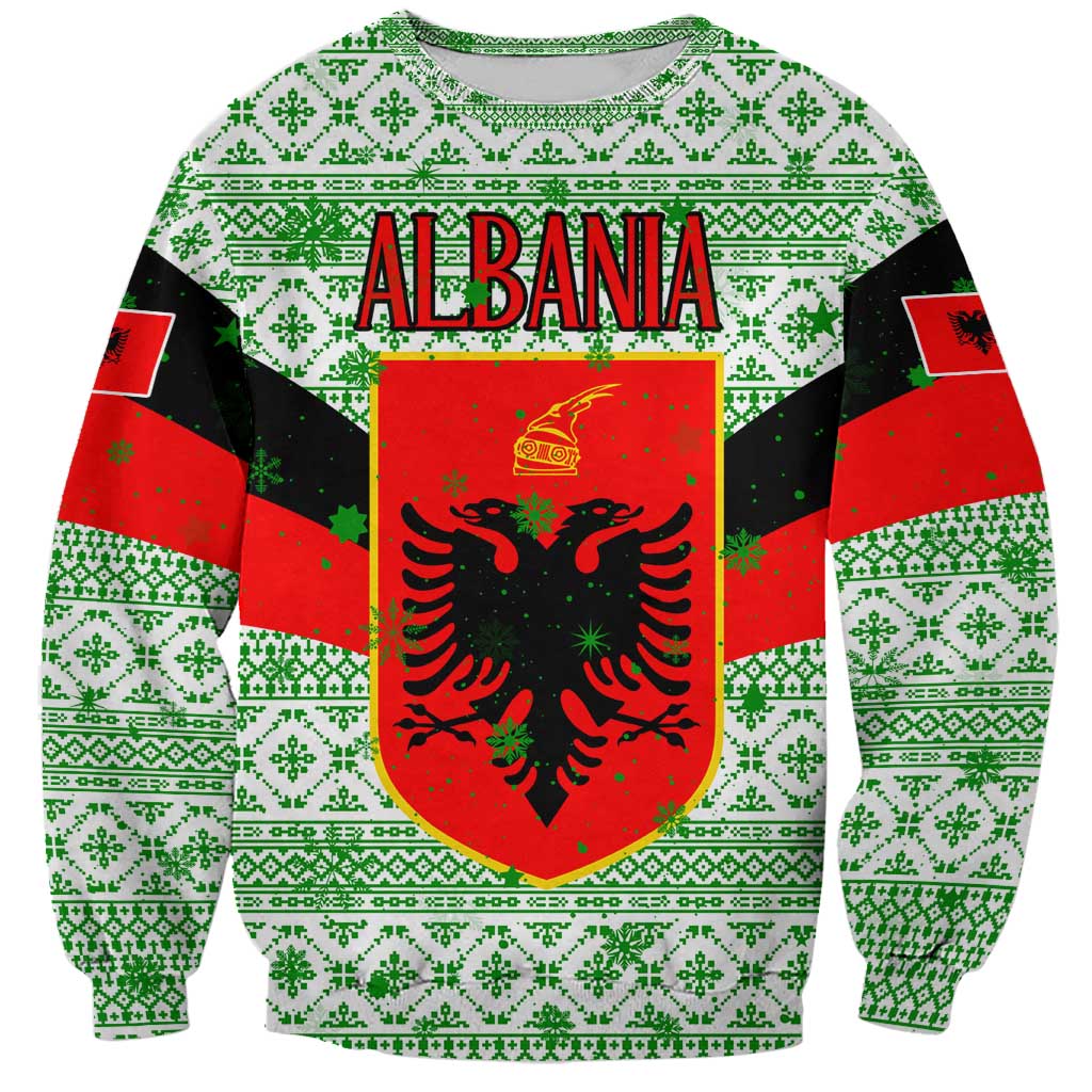 Albania Christmas Sweatshirt with Green-Red Design, Double-Headed Eagle Emblem, and Santa Motif - Wonder Print Shop