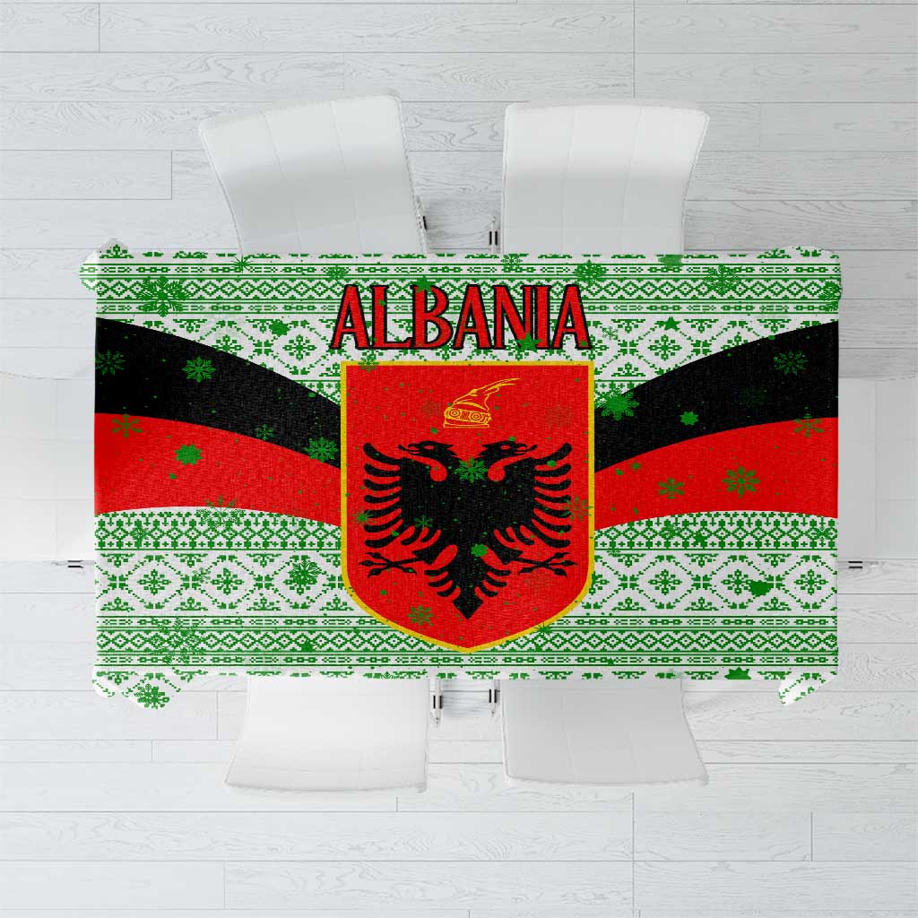Albania Christmas Tablecloth with Green-Red Design, Double-Headed Eagle Emblem, and Santa Motif - Wonder Print Shop