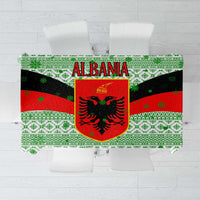 Albania Christmas Tablecloth with Green-Red Design, Double-Headed Eagle Emblem, and Santa Motif - Wonder Print Shop