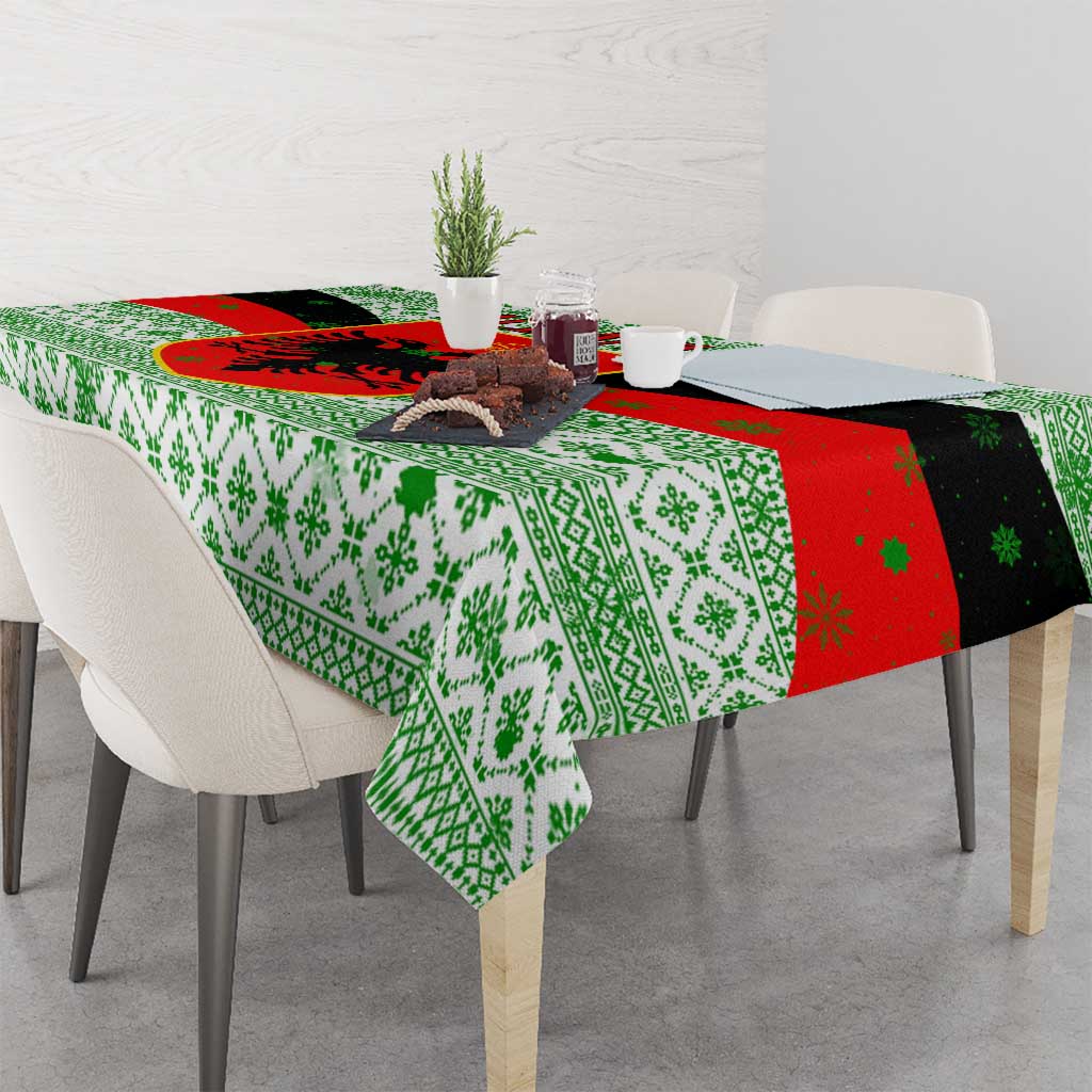 Albania Christmas Tablecloth with Green-Red Design, Double-Headed Eagle Emblem, and Santa Motif - Wonder Print Shop