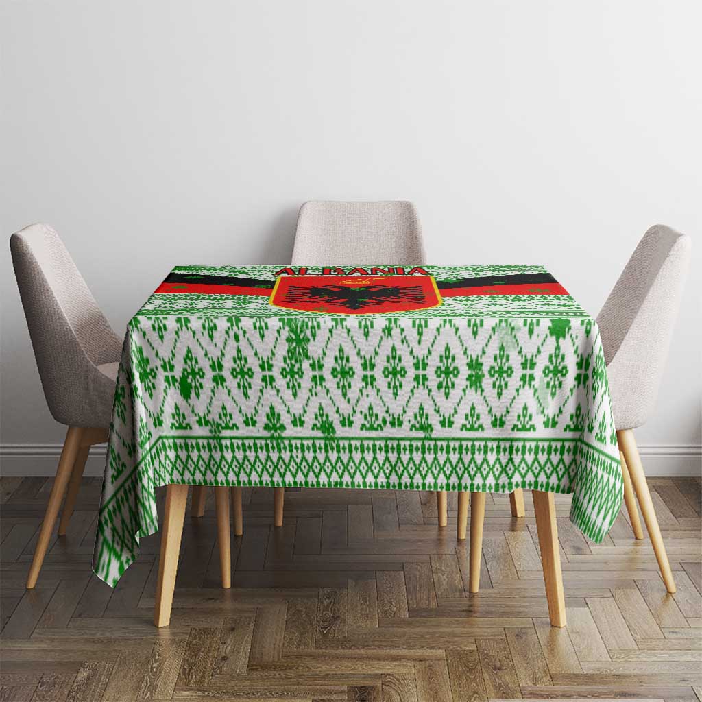 Albania Christmas Tablecloth with Green-Red Design, Double-Headed Eagle Emblem, and Santa Motif - Wonder Print Shop