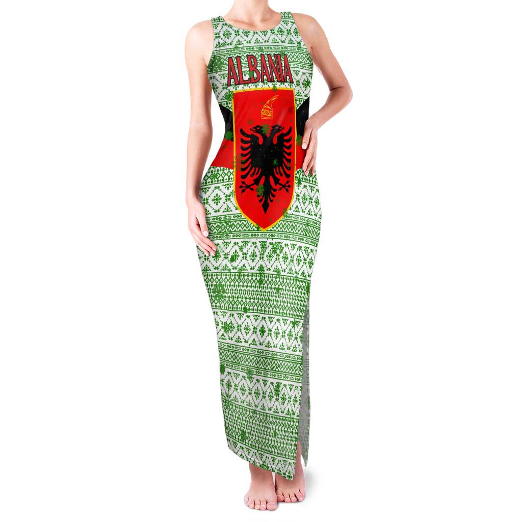 Albania Christmas Tank Maxi Dress with Green-Red Design, Double-Headed Eagle Emblem, and Santa Motif - Wonder Print Shop
