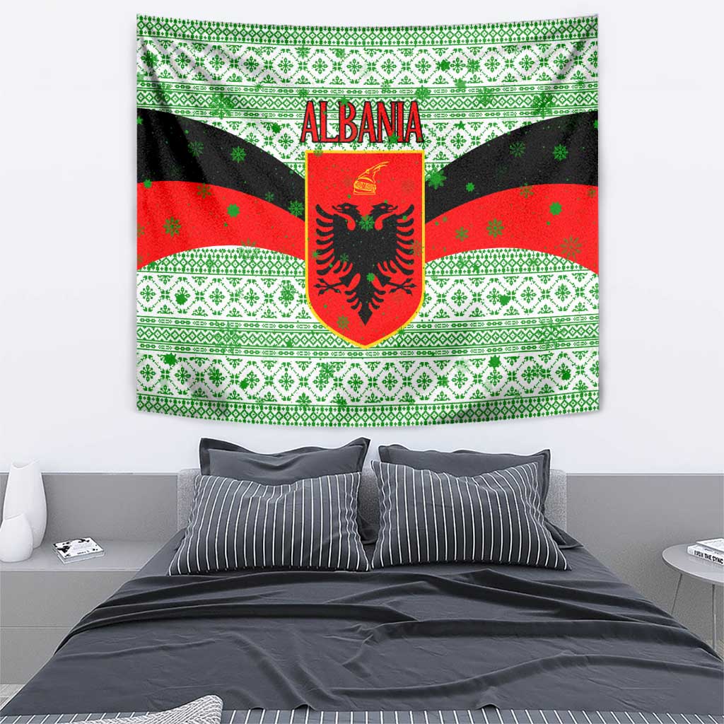 Albania Christmas Tapestry with Green-Red Design, Double-Headed Eagle Emblem, and Santa Motif - Wonder Print Shop