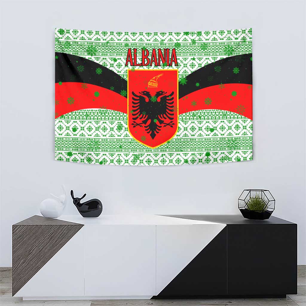 Albania Christmas Tapestry with Green-Red Design, Double-Headed Eagle Emblem, and Santa Motif - Wonder Print Shop
