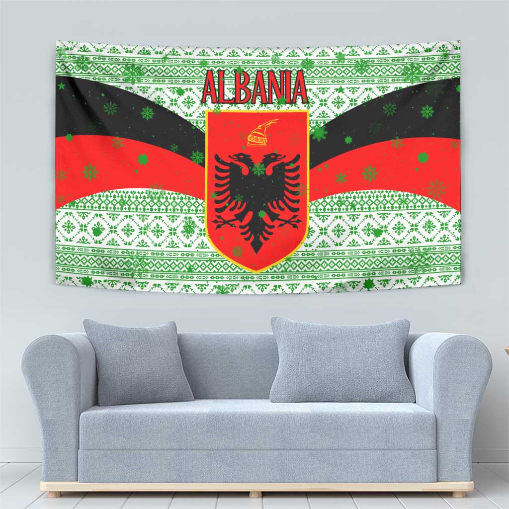 Albania Christmas Tapestry with Green-Red Design, Double-Headed Eagle Emblem, and Santa Motif - Wonder Print Shop