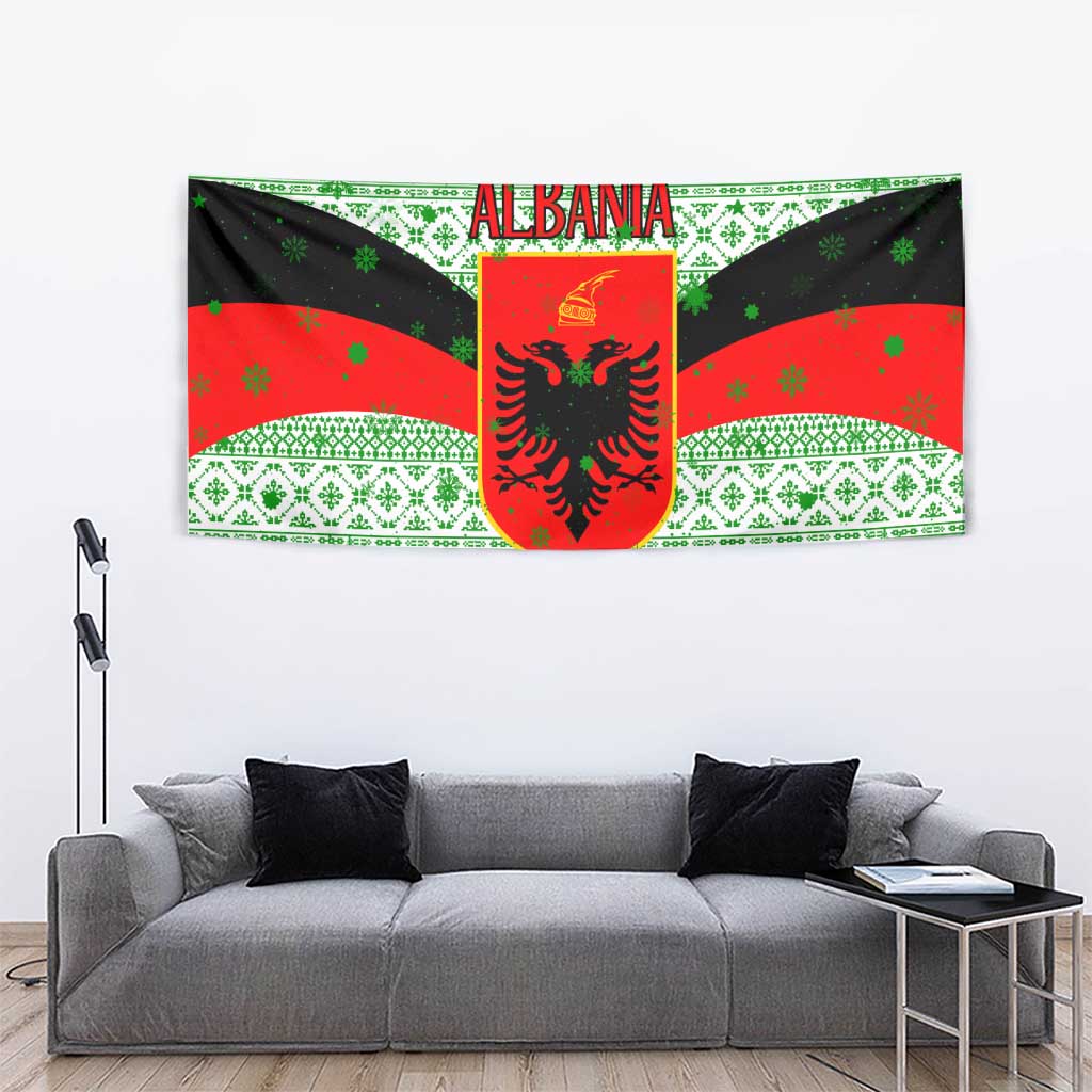 Albania Christmas Tapestry with Green-Red Design, Double-Headed Eagle Emblem, and Santa Motif - Wonder Print Shop