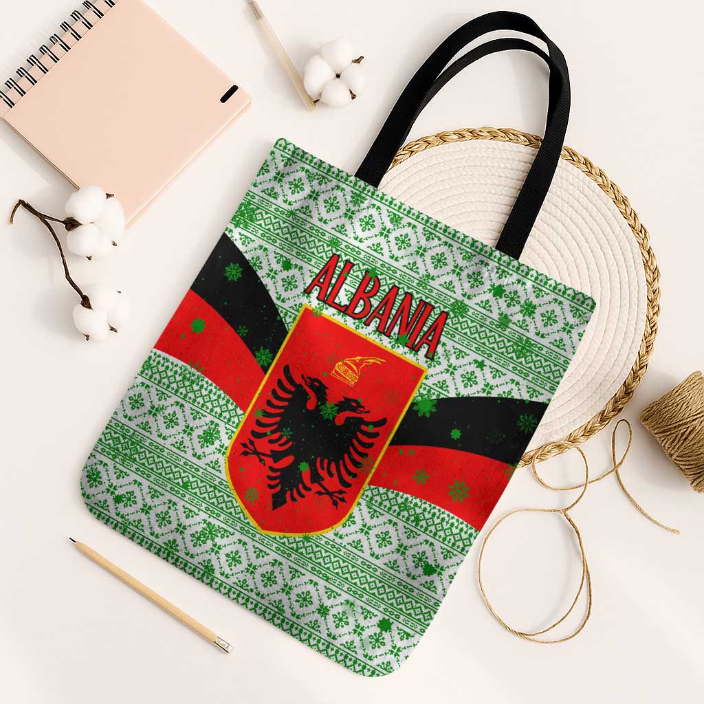 Albania Christmas Tote Bag with Green-Red Design, Double-Headed Eagle Emblem, and Santa Motif - Wonder Print Shop