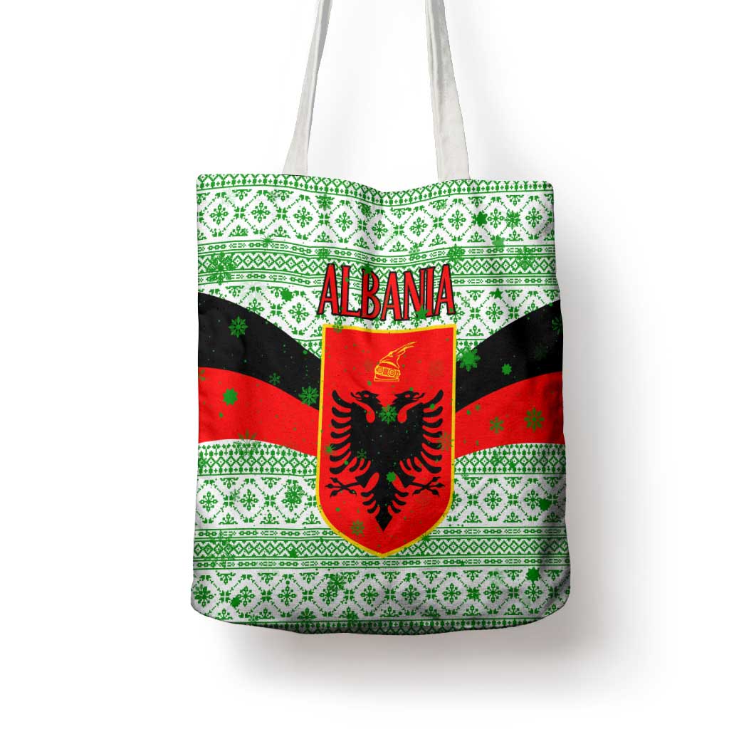 Albania Christmas Tote Bag with Green-Red Design, Double-Headed Eagle Emblem, and Santa Motif - Wonder Print Shop