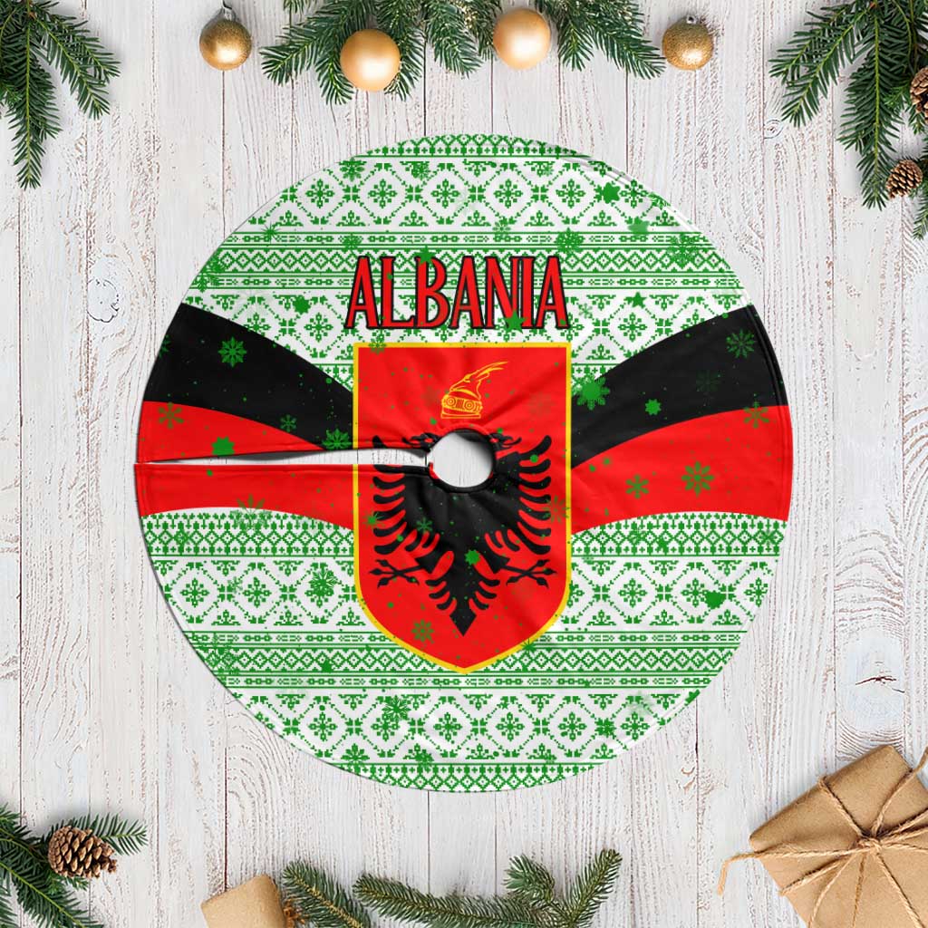 Albania Christmas Tree Skirt with Green-Red Design, Double-Headed Eagle Emblem, and Santa Motif - Wonder Print Shop