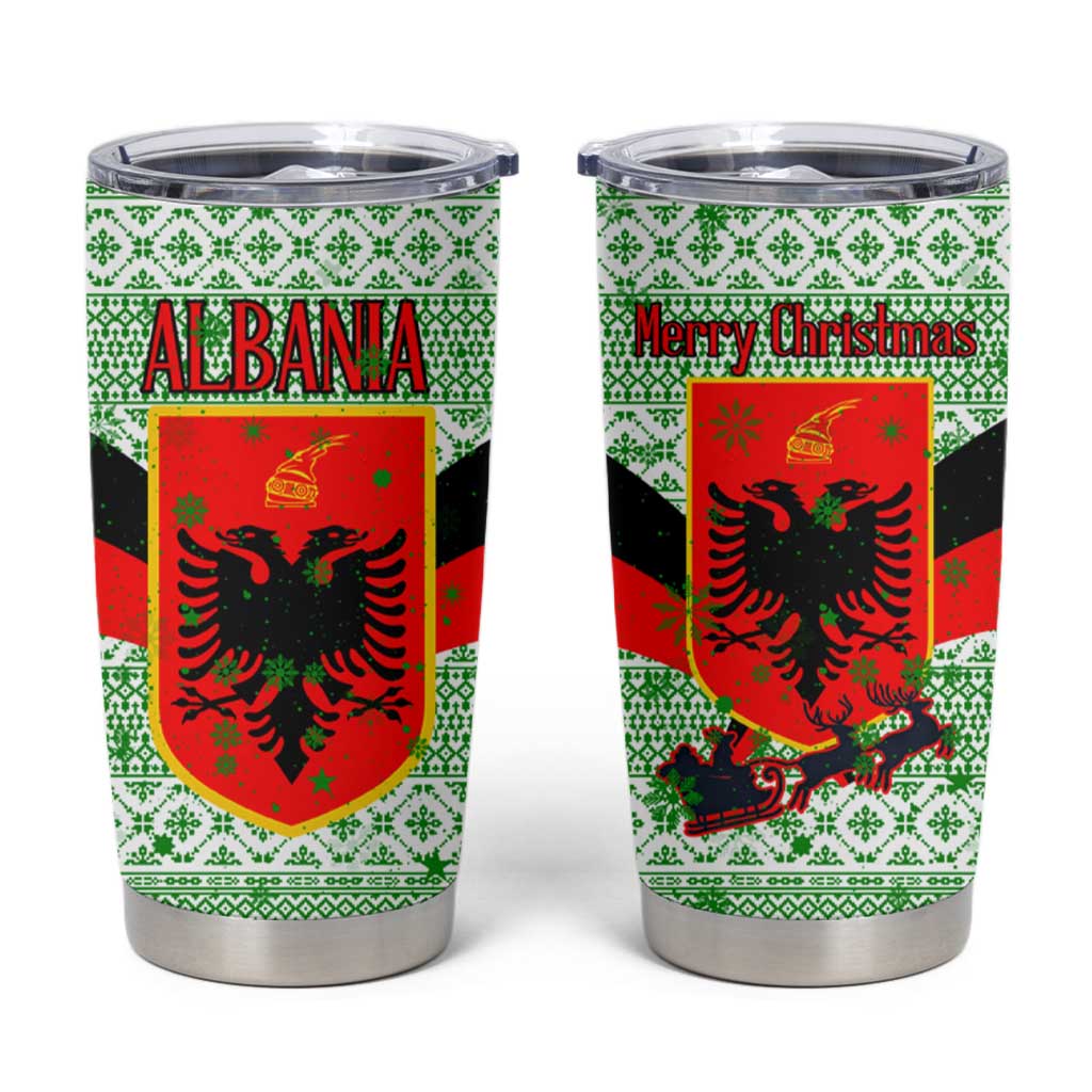 Albania Christmas Tumbler Cup with Green-Red Design, Double-Headed Eagle Emblem, and Santa Motif - Wonder Print Shop