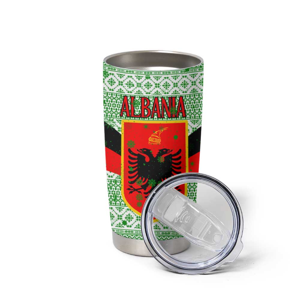 Albania Christmas Tumbler Cup with Green-Red Design, Double-Headed Eagle Emblem, and Santa Motif - Wonder Print Shop