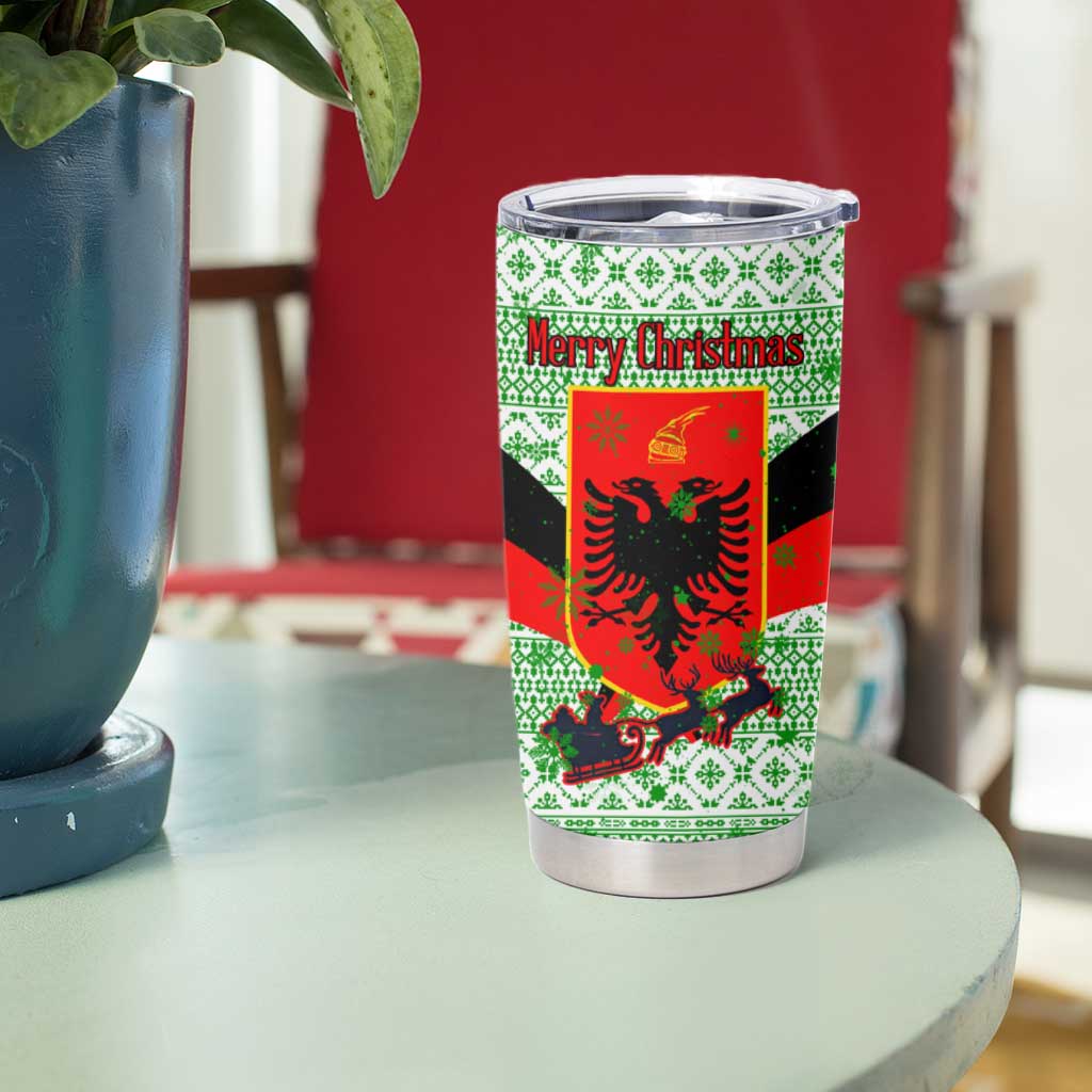 Albania Christmas Tumbler Cup with Green-Red Design, Double-Headed Eagle Emblem, and Santa Motif - Wonder Print Shop