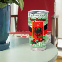 Albania Christmas Tumbler Cup with Green-Red Design, Double-Headed Eagle Emblem, and Santa Motif - Wonder Print Shop