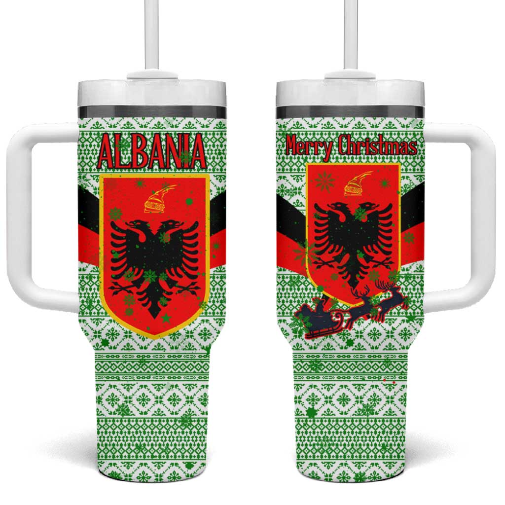 Albania Christmas Tumbler With Handle with Green-Red Design, Double-Headed Eagle Emblem, and Santa Motif - Wonder Print Shop
