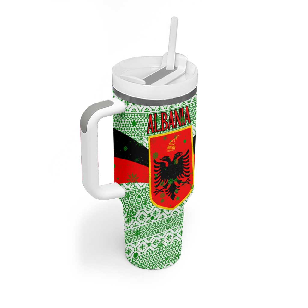 Albania Christmas Tumbler With Handle with Green-Red Design, Double-Headed Eagle Emblem, and Santa Motif - Wonder Print Shop