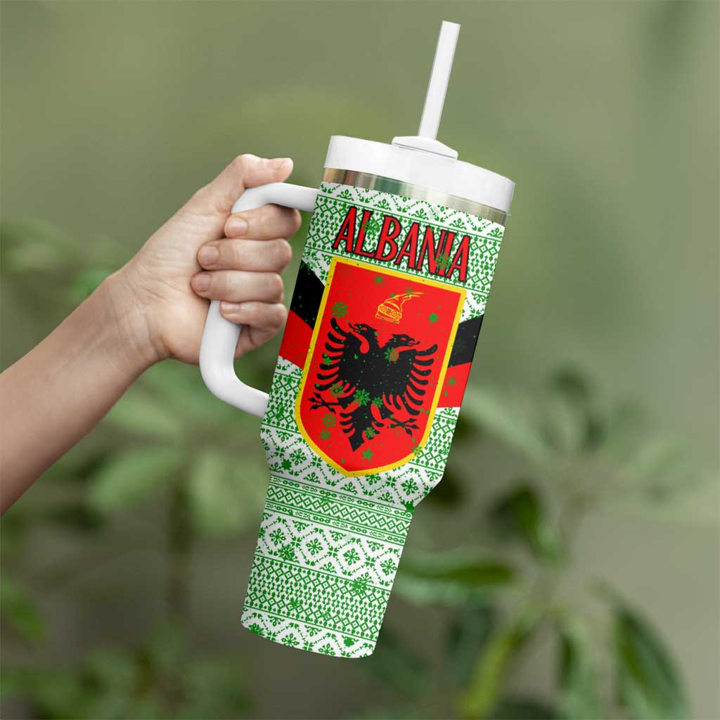 Albania Christmas Tumbler With Handle with Green-Red Design, Double-Headed Eagle Emblem, and Santa Motif - Wonder Print Shop