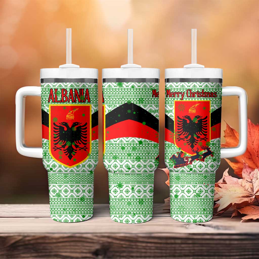 Albania Christmas Tumbler With Handle with Green-Red Design, Double-Headed Eagle Emblem, and Santa Motif - Wonder Print Shop