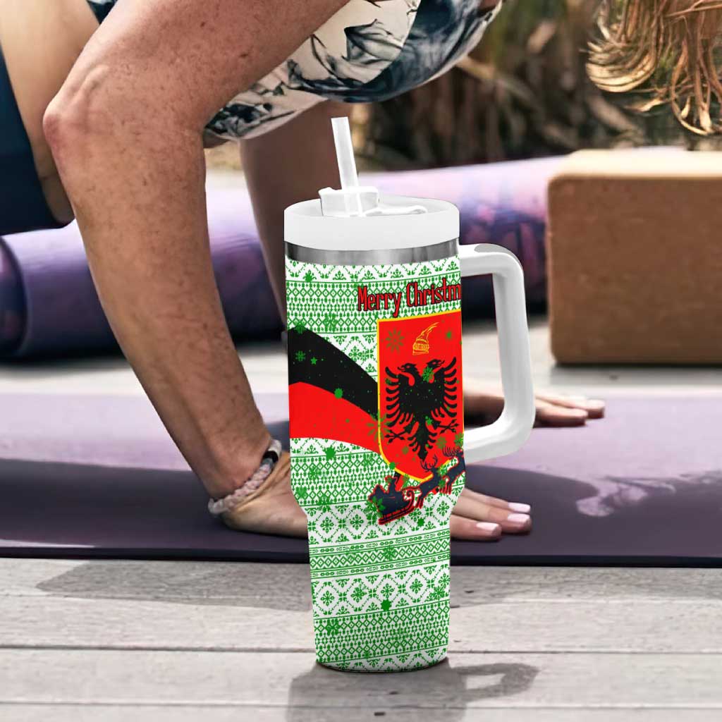 Albania Christmas Tumbler With Handle with Green-Red Design, Double-Headed Eagle Emblem, and Santa Motif - Wonder Print Shop