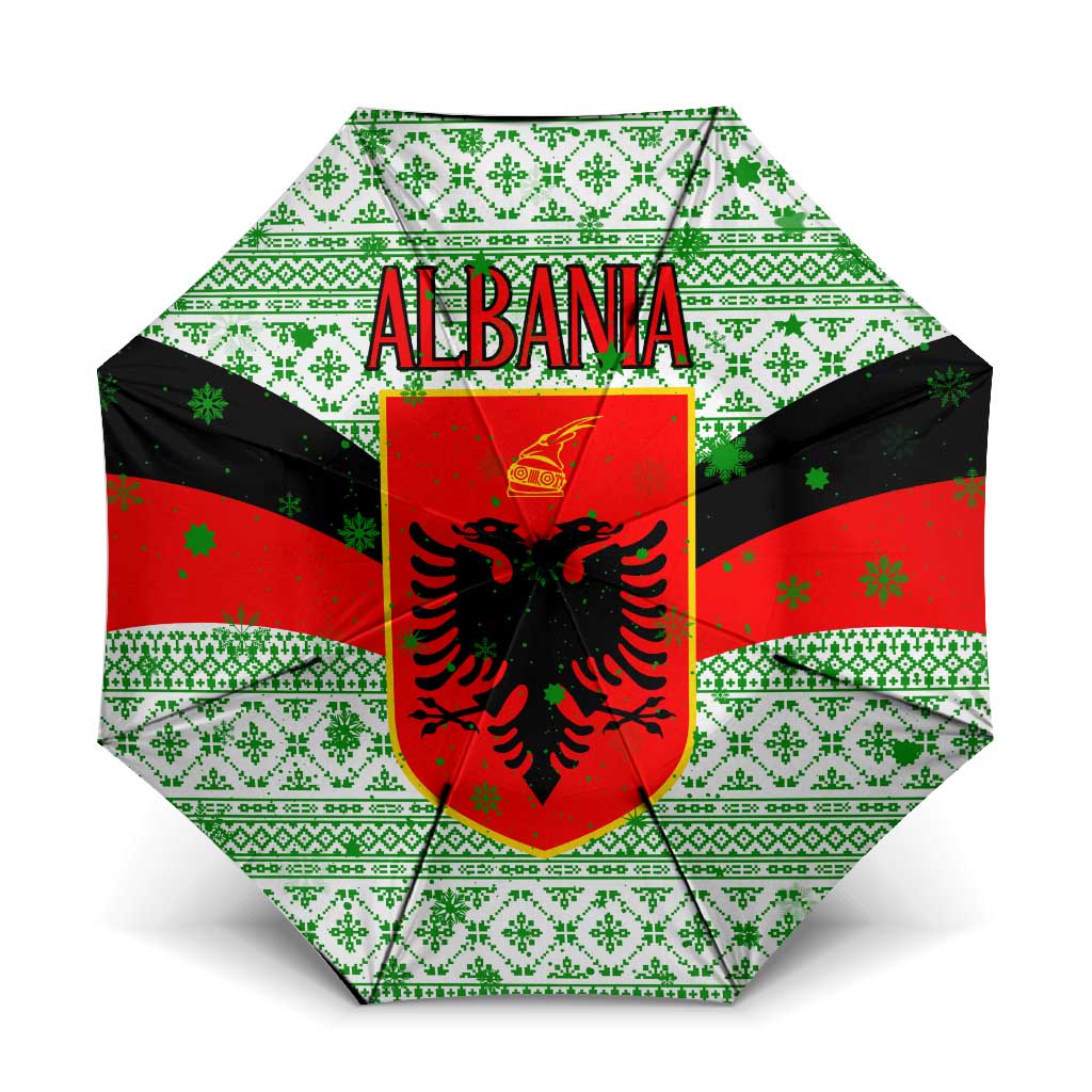 Albania Christmas Umbrella with Green-Red Design, Double-Headed Eagle Emblem, and Santa Motif - Wonder Print Shop