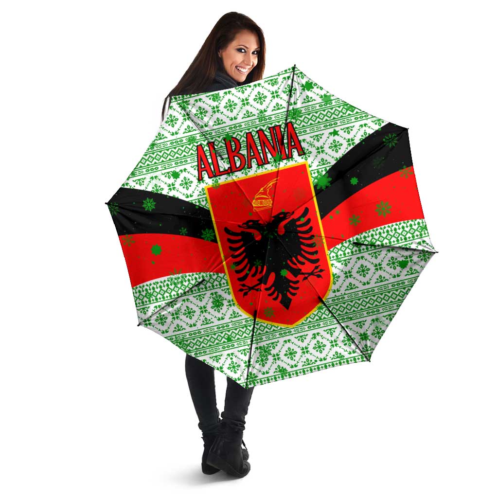 Albania Christmas Umbrella with Green-Red Design, Double-Headed Eagle Emblem, and Santa Motif - Wonder Print Shop