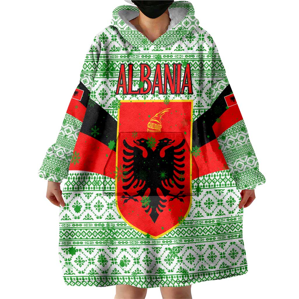 Albania Christmas Wearable Blanket Hoodie with Green-Red Design, Double-Headed Eagle Emblem, and Santa Motif - Wonder Print Shop