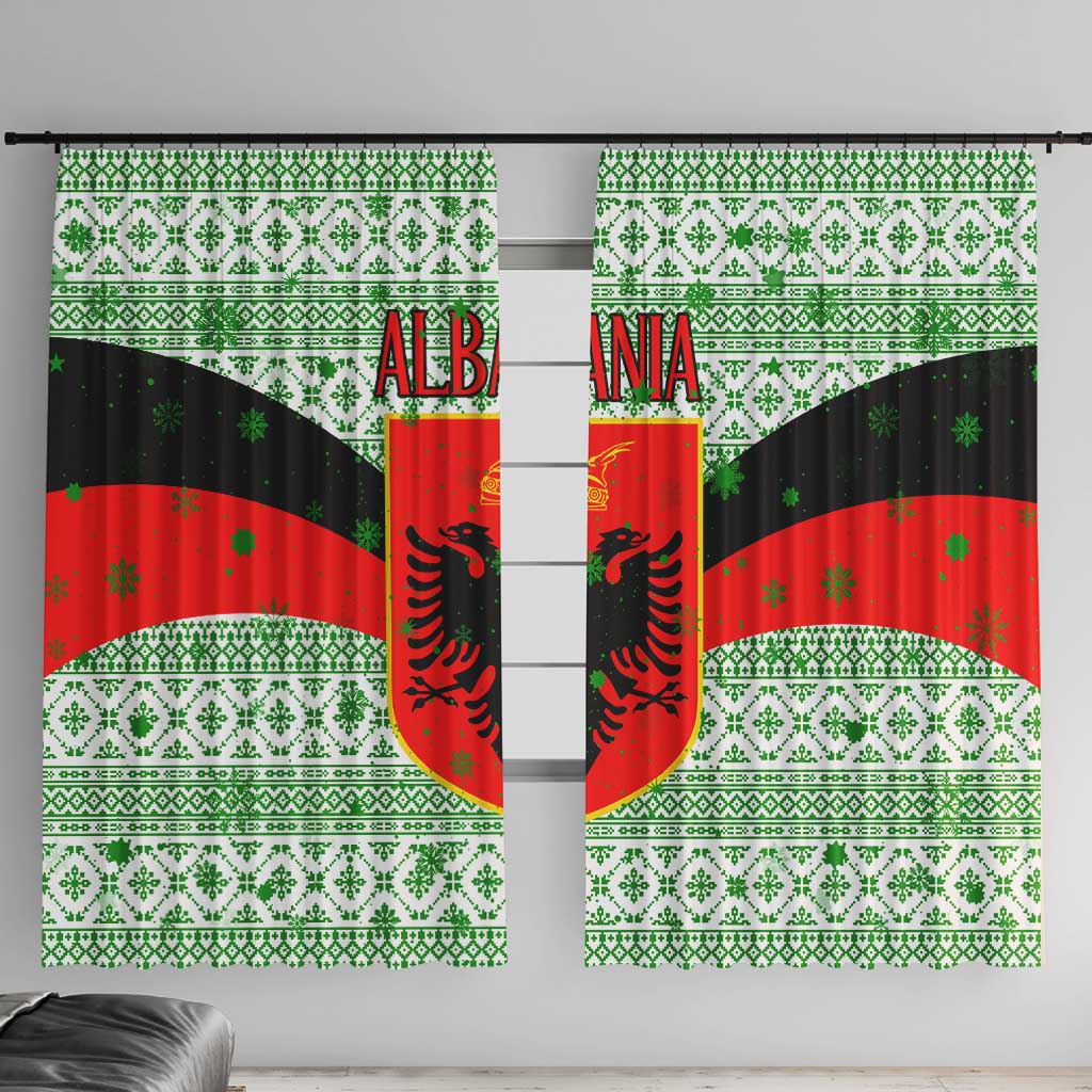 Albania Christmas Window Curtain with Green-Red Design, Double-Headed Eagle Emblem, and Santa Motif - Wonder Print Shop