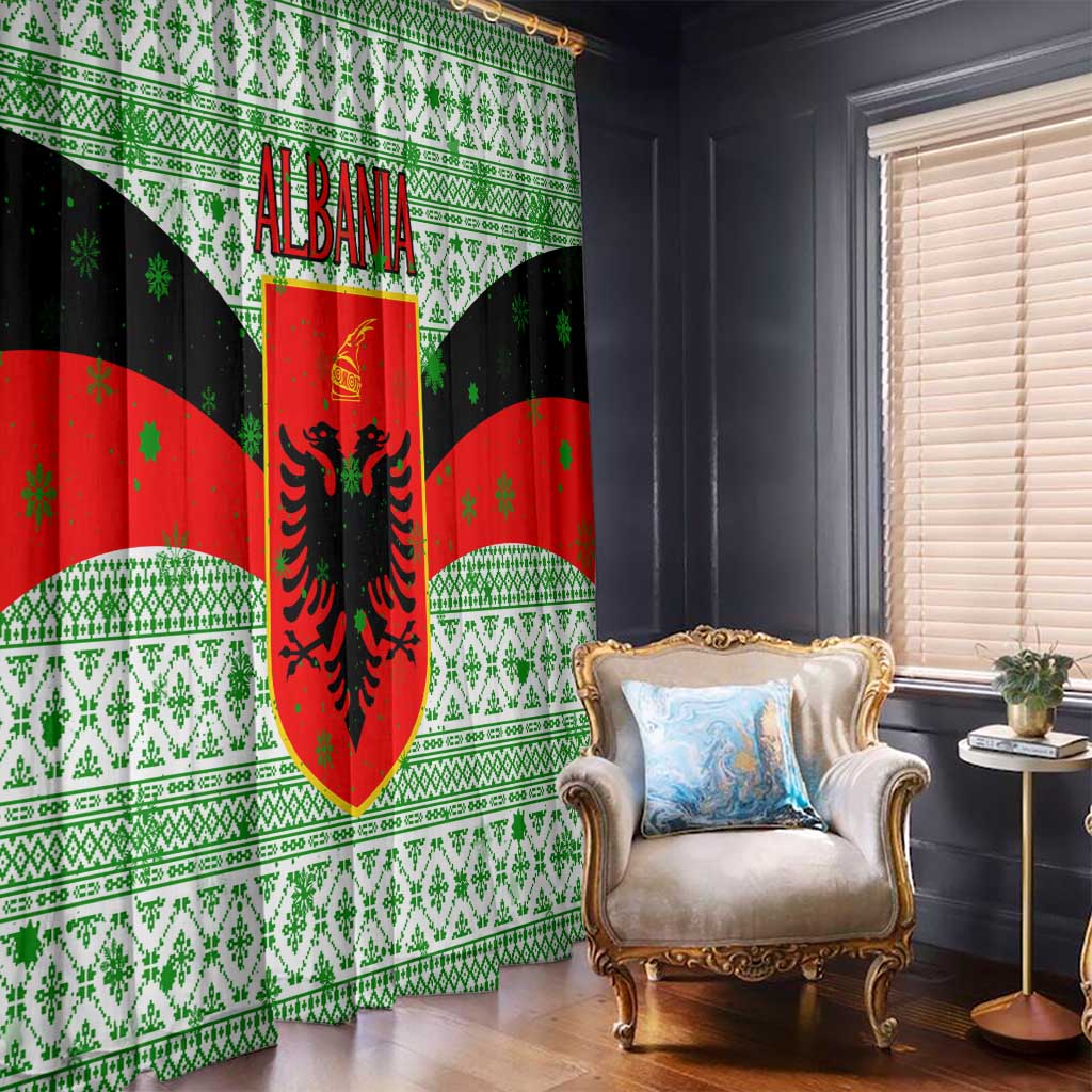 Albania Christmas Window Curtain with Green-Red Design, Double-Headed Eagle Emblem, and Santa Motif - Wonder Print Shop