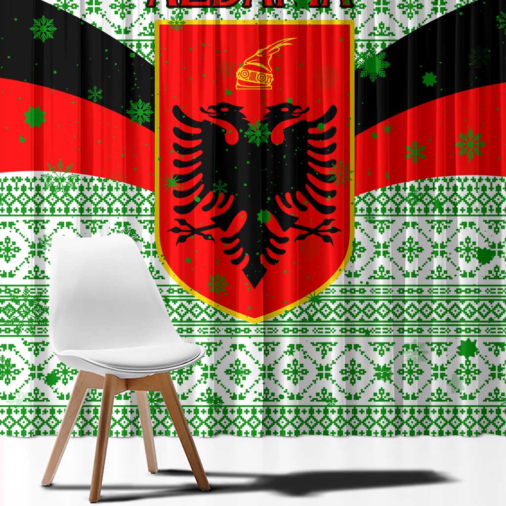 Albania Christmas Window Curtain with Green-Red Design, Double-Headed Eagle Emblem, and Santa Motif - Wonder Print Shop