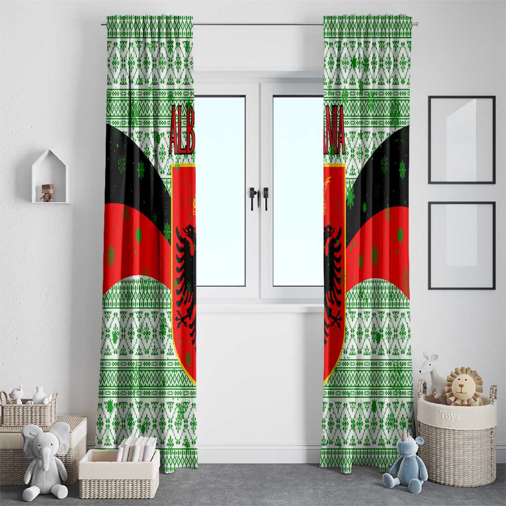 Albania Christmas Window Curtain with Green-Red Design, Double-Headed Eagle Emblem, and Santa Motif - Wonder Print Shop