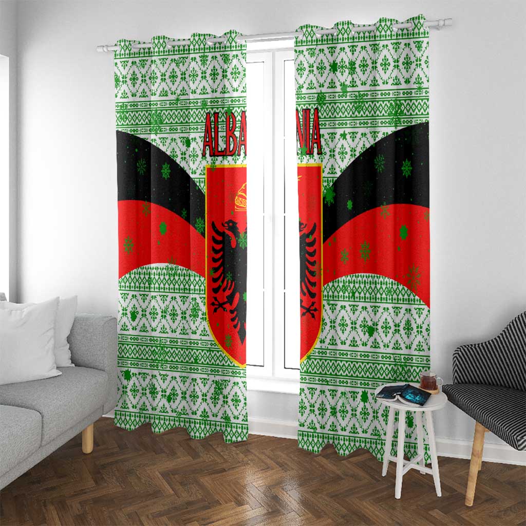 Albania Christmas Window Curtain with Green-Red Design, Double-Headed Eagle Emblem, and Santa Motif - Wonder Print Shop
