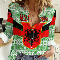 Albania Christmas Women Casual Shirt with Green-Red Design, Double-Headed Eagle Emblem, and Santa Motif - Wonder Print Shop
