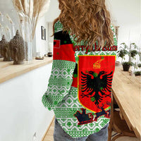 Albania Christmas Women Casual Shirt with Green-Red Design, Double-Headed Eagle Emblem, and Santa Motif - Wonder Print Shop