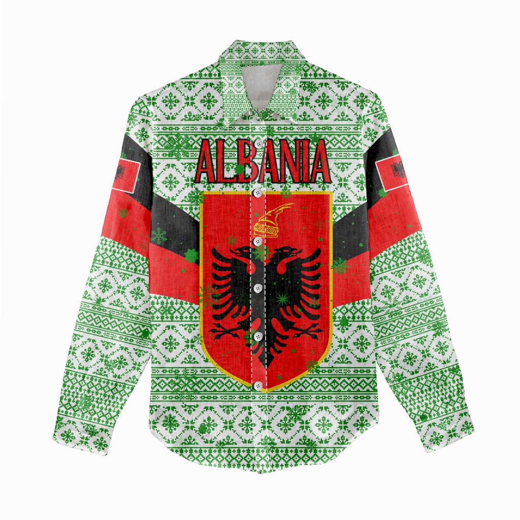 Albania Christmas Women Casual Shirt with Green-Red Design, Double-Headed Eagle Emblem, and Santa Motif - Wonder Print Shop